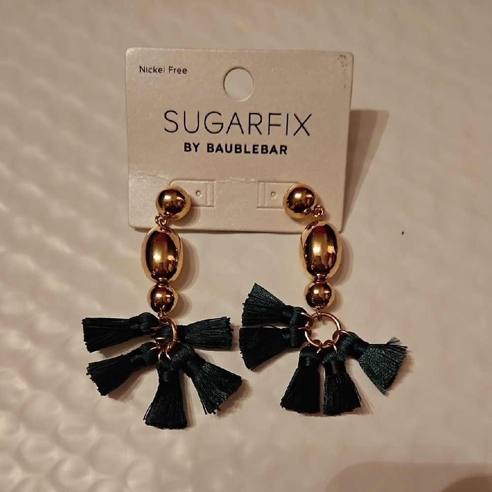 BaubleBar Gold and Green Tassel Earrings, NWT